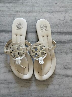 Tory Burch White Leather Logo Thong Sandals